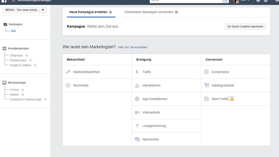 1) Ziel auswählen FB Ads erstellen -  erstens Ziel auswählen