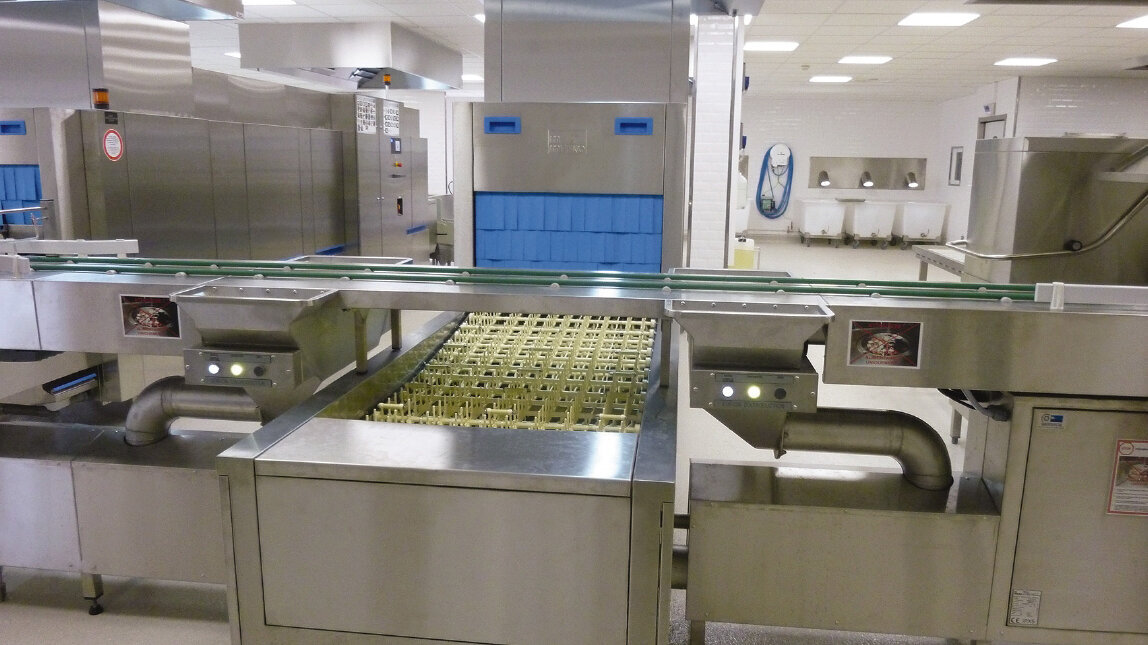 Eigabestation für Food Waste ergonomisch in die Spülanlage einer Großküche integriert Eigabestation für Food Waste ergonomisch in die Spülanlage einer Großküche integriert