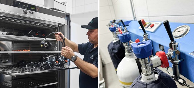 Atemschutzgerätewart legt PSA in den Trockenschrank und befüllt die Atemluftflaschen neu. Atemschutzgerätewart legt PSA in den Trockenschrank und befüllt die Atemluftflaschen neu.