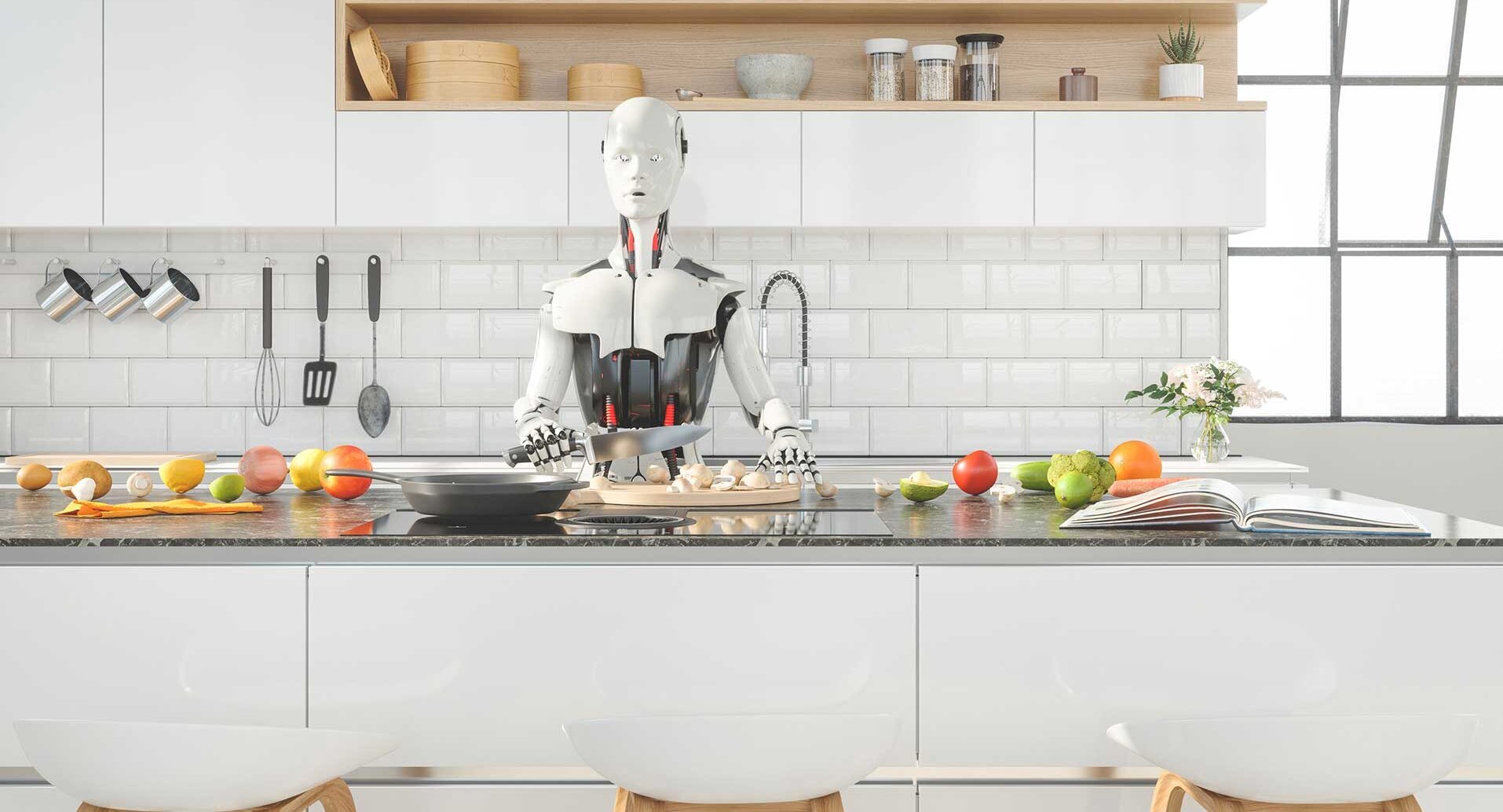 Roboter in der Küche Roboter steht in Küche und bereitet Essen zu