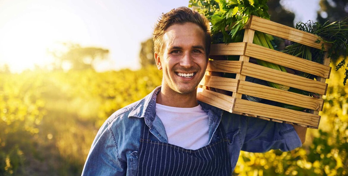 Man carries crate of vegetables on his shoulder Man carries crate of vegetables on his shoulder