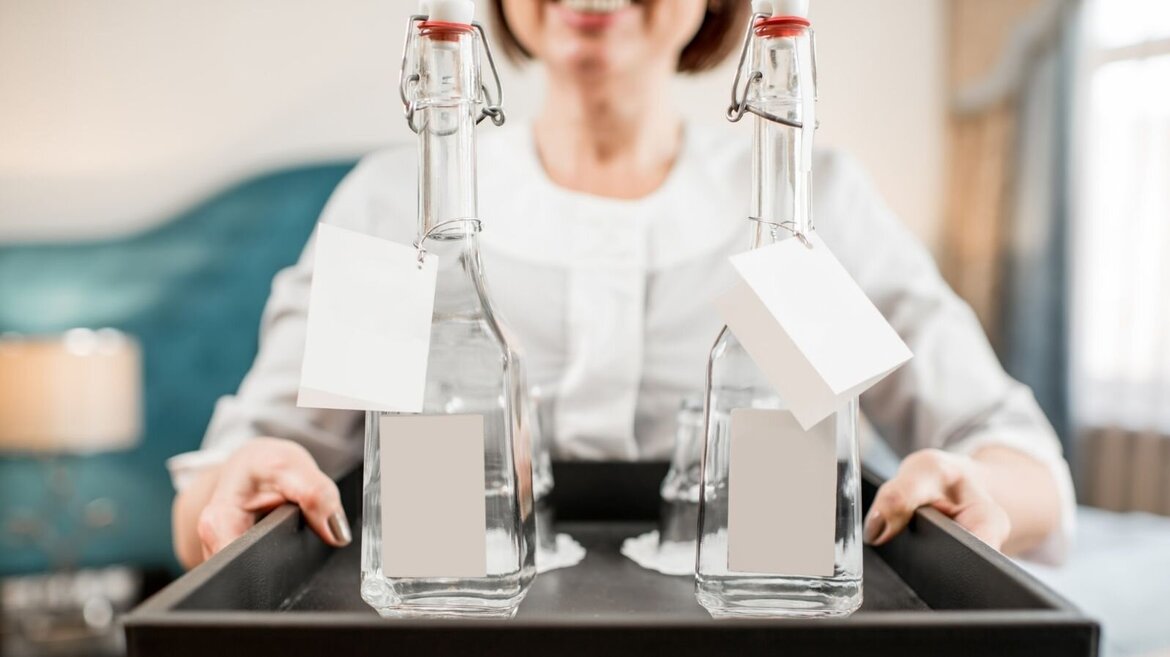 Glass bottles in a hotel room Glass bottles in a hotel room