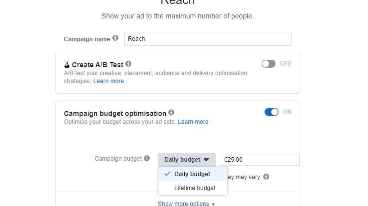 Creare FB Ads:  stabilite un budget giornaliero o complessivo