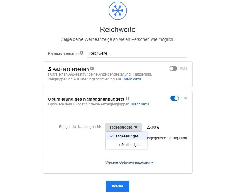 2) Tages- oder Laufzeitbudget festlegen FB Ads erstellen - zweitens Tages- oder Laufzeitbudget festlegen