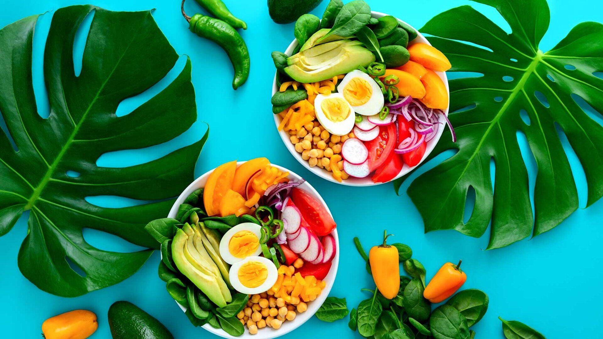 Renkli salata ve sebze kase avokado, yumurta, Mısır ve daha fazlası